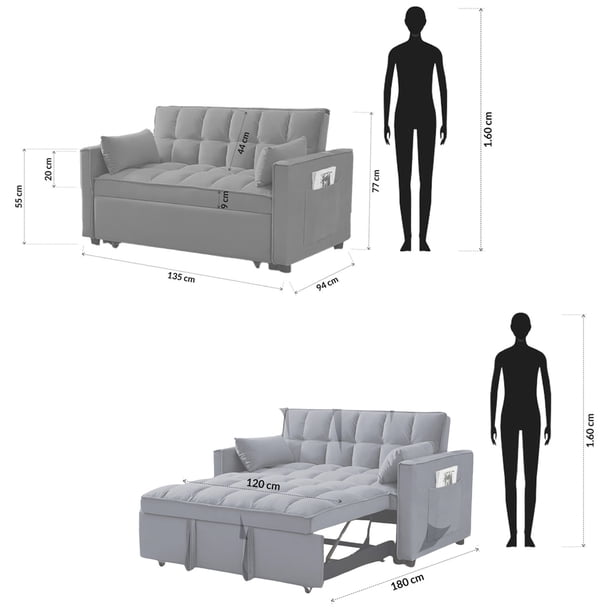 Sofá cama convertible 3 en 1, respaldo ajustable